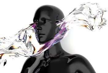 Aufkleber - Futuristic 3D rendering of a black humanoid face intertwined with iridescent, fluid-like shapes, creating a dynamic visual contrast and a sense of movement and modernity.