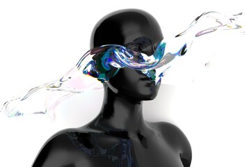 Poster - 3D abstract illustration of a glossy black mannequin head fused with iridescent, flowing liquid, creating a surreal, colorful, and modern effect on a bright white background.
