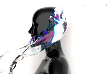 Aufkleber - Futuristic 3D rendering of a humanoid face intertwined with iridescent, fluid-like shapes, creating a dynamic visual contrast and a sense of movement and modernity.