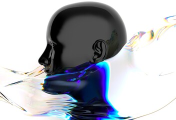 Aufkleber - Futuristic, abstract human figure with a sleek, black surface and vibrant holographic colors in fluid motion, blending human and robotic elements in digital art.