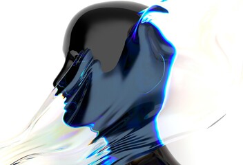 Aufkleber - Futuristic, abstract human figure with a sleek, black surface and vibrant holographic colors in fluid motion, blending human and robotic elements in digital art.