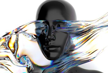 Aufkleber - Futuristic 3D rendering of a black humanoid face intertwined with iridescent, fluid-like shapes, creating a dynamic visual contrast and a sense of movement and modernity.