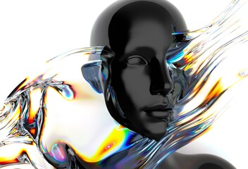 Aufkleber - Futuristic 3D rendering of a humanoid face intertwined with iridescent, fluid-like shapes, creating a dynamic visual contrast and a sense of movement and modernity.