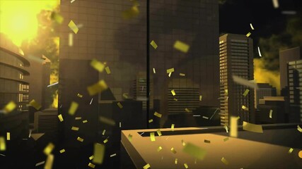 Poster - Golden confetti falling over cityscape with animation of tall buildings at sunset
