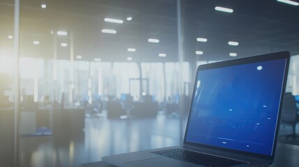 Poster - A modern office space with a laptop in focus, illuminated by soft lighting, creating a serene and professional atmosphere, AI workplace