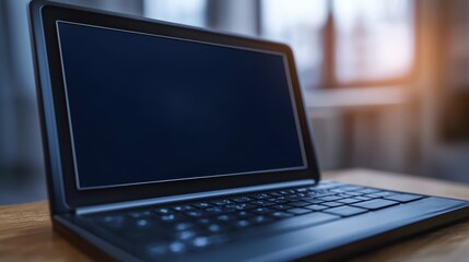 Poster - A sleek, modern laptop sits on a wooden surface, with a blank screen and soft background lighting, creating a professional and minimalist atmosphere, AI workplace