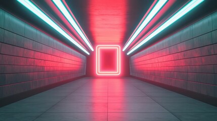 Poster - Neon sign production Concept, Captivating Slow Motion Capture of a Neon Sign Illuminating a Tunnel with Glowing Lines in Dark Surrounding