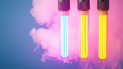 Poster - Neon sign production Concept, Slow Motion Capture of Neon Tubes Submerged in Colorful Background with Ethereal Smoke Effect