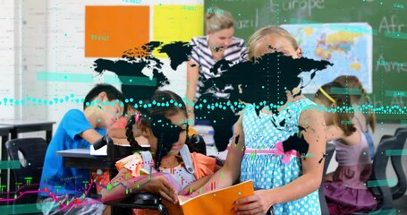 Poster - Children reading books with world map and data processing animation overlay