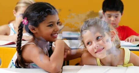 Poster - In school, children smiling with world map animation overlay in classroom