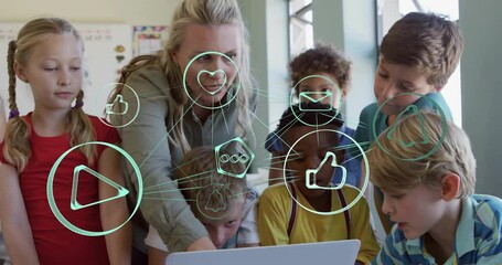Poster - In school, teacher guiding children with animation of digital icons on screen