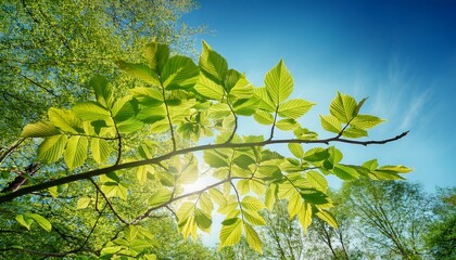 close up of fresh green leaves on tree branch with blue sky and sunlight spring