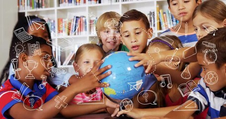 Poster - In school, children exploring globe with animation of educational icons overlaying