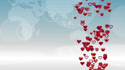 Poster - Red hearts animation over world map with grid and circular patterns