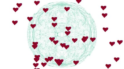 Poster - Floating red hearts with animation over geometric sphere on white background