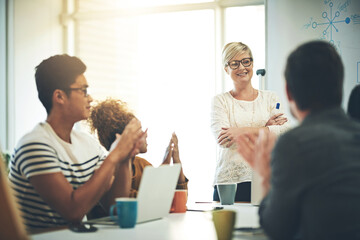 Poster - Presentation, meeting and business people in office for teamwork, collaboration and planning. Creative startup, company and men and women for discussion, laptop and whiteboard for brainstorming ideas