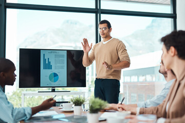 Fototapete - Data, business man and group presentation on monitor for training, coaching or info analysis. Team, speaker and sales manager on screen with finance stats, profit kpi or planning in startup meeting