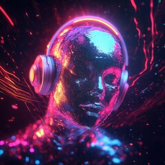 Poster - a formless head faces the camera, wearing headphones, floating in a neon void, head made from glittering technology, beams of matter.