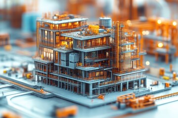 Aufkleber - A detailed model of an industrial building showcasing modern architecture and vibrant colors, emphasizing innovation in construction.