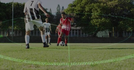 Poster - Soccer players in action with digital targeting animation overlay on field