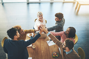 Poster - High five, collaboration and business people in boardroom at office for project achievement at startup. Pride, team and public relations group with hands together for synergy, partnership or goals