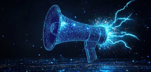 Poster - glowing blue digital megaphone emitting electric power in a dark background
