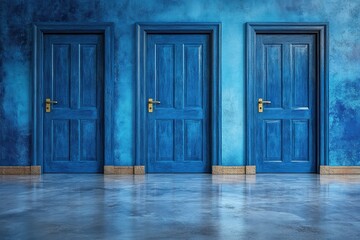 Poster - A vibrant blue hallway featuring three elegant wooden doors, creating a stunning visual contrast with the polished floor.