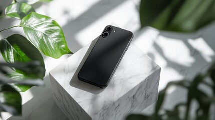 Poster - Smartphone resting on marble pedestal surrounded by green plants in natural light setting