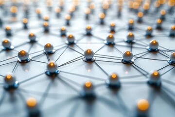 Poster - Abstract network connections with spheres illustrating advanced technology and data flow in a digital environment.