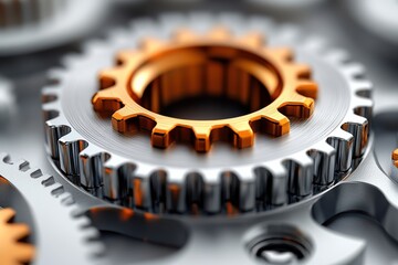 Poster - Close-up of metallic gears showcasing intricate design and precision engineering, perfect for technology and manufacturing themes.