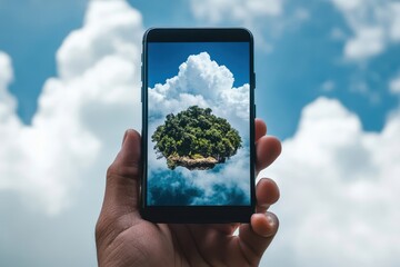 Poster - A hand holding a smartphone displaying an image of an island with clouds in the background Incorporating interactive elements into digital marketing content .