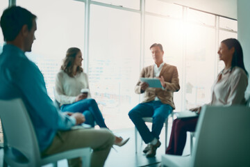 Poster - Office, meeting and business people with tablet in circle for team building, training and feedback. Company, employees and manager with tech in discussion for performance review, agenda and checklist