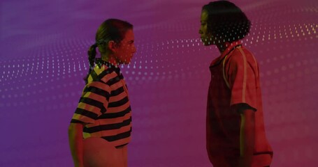 Poster - Two people facing each other with digital wave animation in background