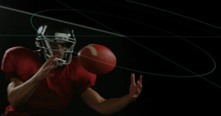Poster - Holding football with digital lines overlay, American player in red jersey