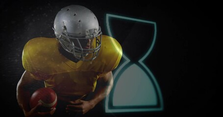 Poster - Running with ball, American football player over hourglass animation background