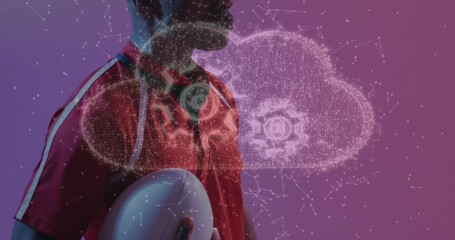 Poster - Holding rugby ball, athlete surrounded by digital cloud and network animation