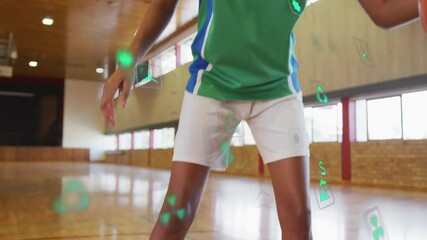 Poster - Dribbling basketball, player in gymnasium with animation of digital data icons