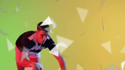 Poster - In colorful background, athlete posing dynamically with geometric shapes in animation