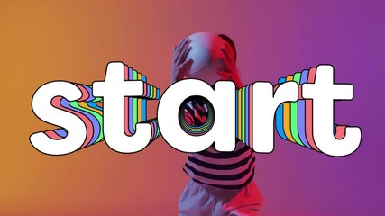 Poster - Colorful start text animation over person holding head in vibrant lighting