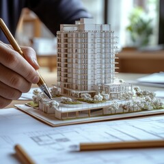 Aufkleber - Architect's Vision: Detailed Architectural Model and Blueprint Analysis with Golden Pen for Sustainable Urban Design.