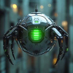 Poster - Cybernetic Orb Drone with Green Illumination: A Sleek Futuristic Robotic Probe for Surveillance and Reconnaissance 