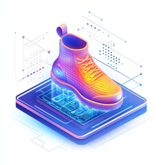 Fototapete - Futuristic Tech Shoe Design: Isometric View of 3D Shoe on a Platform with Circuit Board and Geometric Elements