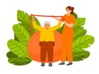 © Tanongsak idea photo - A cheerful illustration showing a caregiver assisting an elderly person in a vibrant setting with large green leaves.