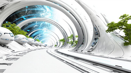 Leinwandbilder - Futuristic White Architecture with Glowing Blue Energy and Green Trees
