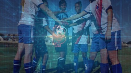 Poster - Huddling, soccer players with digital cryptocurrency animation overlay on field