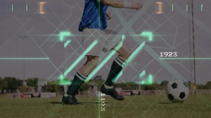 Poster - Kicking soccer ball on grassy field, animation of digital data overlay