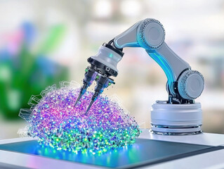 Leinwandbilder - Robotic Arm Interacting with Glowing Neural Network Data Cluster