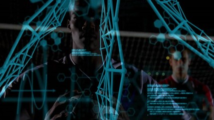 Poster - Futuristic data and network animation over soccer players on field