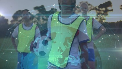 Poster - Holding soccer ball, athletes with digital network and world map animation