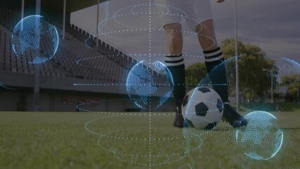Poster - Soccer player on field with digital globe and data animation overlay